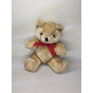 Vintage Jointed plush teddy bear tan with red bow posable stuffed animal 1972